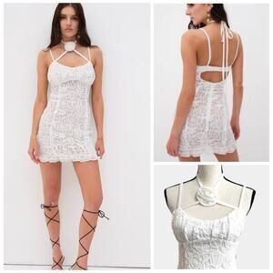 For Love & Lemons NWT White Lace Floral Choker Neck Harriet Mini Dress Medium